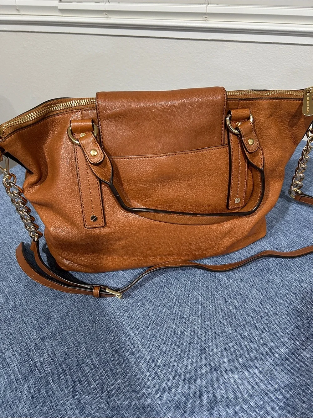 Michael Kors Cognac Leather Shoulder Bag with Gold-Tone Lock